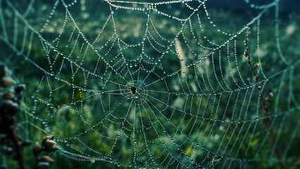 Spider web hanging on the grass and glowing in the morning light. Selective focus on the web. Natural background template.