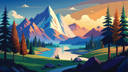 Golden sunset illuminates a panoramic mountain landscape with forested hills and misty peaks