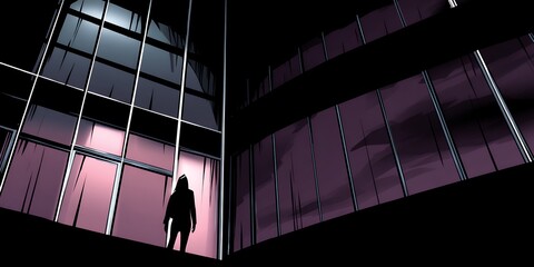 Silhouette of a Figure in a Dark Modern Building Interior at Night