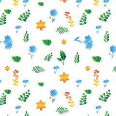 Seamless Colorful Floral Pattern with Leaves on White Background
