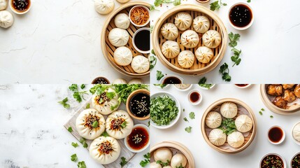 Assorted bao and dumplings in bamboo steamers, various sauces