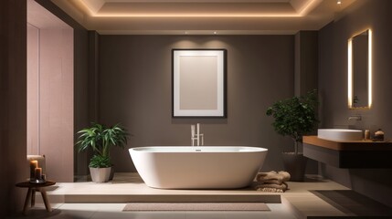 Modern Elegant Bathroom with Soaking Tub and Warm Lighting Effects