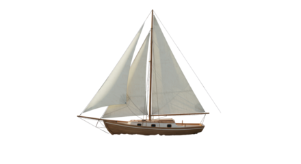 Isolated Classic Sailboat with White Sails on Clear Water