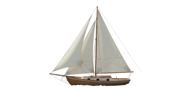 Isolated Classic Sailboat with White Sails on Clear Water