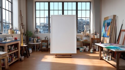 Bright and Spacious Art Studio with Empty Canvas and Supplies