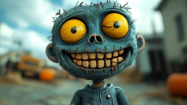 funny creepy cartoon zombie face, creepy cartoon zombie with wide smile and funny cartoon zombie eyes in spooky Halloween style, Halloween horror character illustration