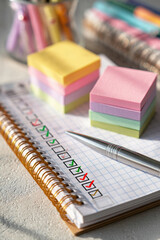 Close-up of notebook with checkboxes, pen and stacks of colorful sticky notes on desk. Concept of task management, productivity and planning