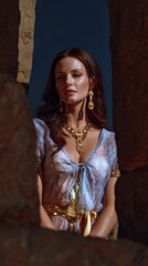 Queen of Sheba in Egyptian pyramid ruins, translucent short Egyptian dress, brown hair, Egyptian hairstyle, Egyptian gold accessories, femme fatale