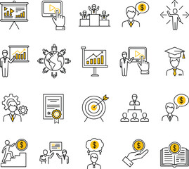 Business growth icons, financial success, investment, leadership, education, career advancement, professional development, financial strategy, team collaboration, progress