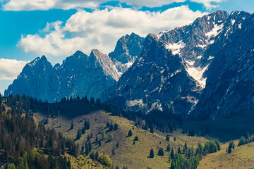 Alpine spring view with Mount Wilder Kaiser in the background at Kaiserlift Kufstein, Tyrol, Austria