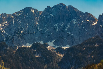 Alpine spring view with Mount Wilder Kaiser in the background at Kaiserlift Kufstein, Tyrol, Austria