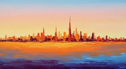 Obraz premium Impressive oil painting of a vibrant cityscape reflecting in the shimmering water at sunset