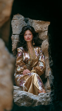 Queen of Sheba in Egyptian pyramid ruins, translucent short Egyptian dress, brown hair, Egyptian hairstyle, Egyptian gold accessories, femme fatale