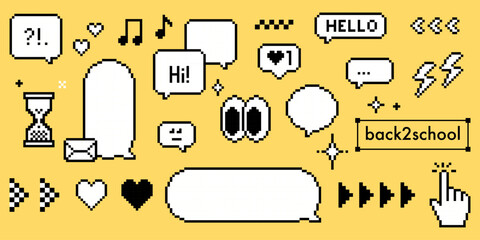 Y2k pixel retro dialogue box pack. 8bit communication elements, speech bubble, arrow, heart, music note, eye. Chat balloon for text message, back to school digital design, game interface, social media