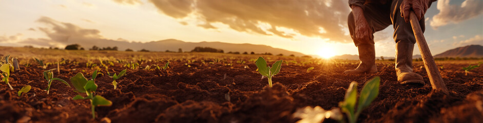 Close-up of a farmer's feet standing on a field with sprouting vegetables during sunset. A warm, earthy scene highlighting growth, hard work, and connection to the land