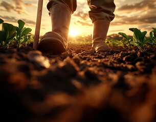 An old farmer stands in a field with a walking stick as the setting sun bathes the landscape in golden light. A peaceful and timeless rural scene full of warmth and tradition.