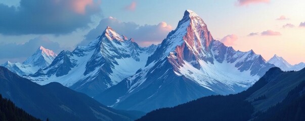 Jagged peaks pierce a vibrant blue and gray sky , cold, high