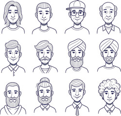 Diverse male avatars, various hairstyles and facial features, hand-drawn illustrations, flat design, ethnic diversity, beard, mustache, cap, turban