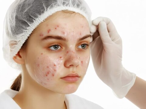 Teenage girl with acne undergoing skin examination by dermatologist in medical skincare clinic wearing protective gloves