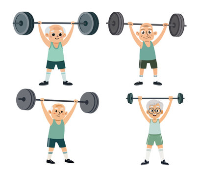  Senior Cartoon Characters Lifting Weights, Fitness and Exercise for Elderly, Weightlifting Illustrations