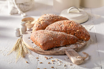 Tasty and homemade triangular buns baked in the bakery.