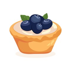 Vector illustration of a berry tartlet with cream, strawberries, raspberries, blueberries, and blackberries on a white background. Perfect for Chocolate Day, kids menu, bakery ads, decor, and seasonal