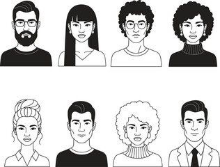 Black and white avatars of diverse men and women, different hairstyles, professional and casual attire, hand-drawn illustrations, modern design
