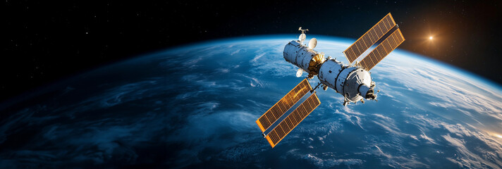 Satellite orbiting Earth during the day, sending digital signals in a futuristic tech concept. Modern communication system highlighting global connectivity with a clear view of Earth’s surface and sol
