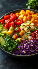 Trendy poke bowl with fresh, vibrant ingredients – a colorful fusion of healthy superfoods, perfectly styled for modern clean eating. Minimalist, aesthetic