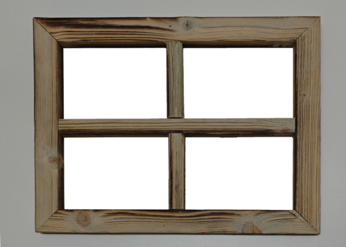 Rustic wooden window frame with four panels with transparent window panes