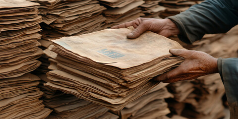 "A person carefully stacking ancient handwritten chronicles into a pile. Historical preservation and archival work with fragile documents