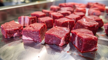 Fototapeta premium Fresh raw beef cut up on stainless steel table in industrial meat processing plant. Butchery, food production, meat industry and cooking ingredients concept.