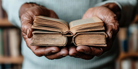 Close-up of an elderly woman reading an antique book. A peaceful moment that reflects wisdom, history, and a deep connection to the past.