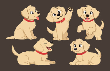  Happy Golden Retriever Puppies in Various Poses Fun Dog Characters Illustration