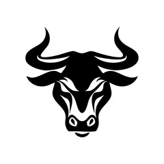 Fototapeta premium Vector logo of fierce minotaur head with curved horns in tribal style. Bold black minotaur symbol representing power, mythology, and fantasy.