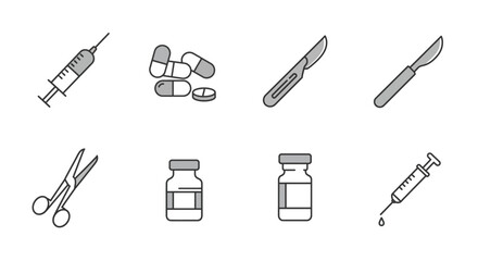 Vector design clean medical line icons showing a syringe, medicine pills, and injection tools in a minimalist outline style isolated on white background