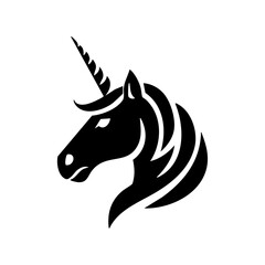 Vector logo of a stylized unicorn head with flowing mane and spiral horn

