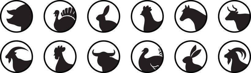 Farm Animals Vector Set Illustration Featuring Cow, Pig, Sheep, and Chicken in Flat Cartoon Style &ndash; Perfect for Educational Materials, Kids' Designs, Farm-Themed Decor, and Branding