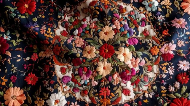Intricate floral embroidery in circular arrangement on dark fabric, vibrant colors and detailed needlework with a handcrafted texture.