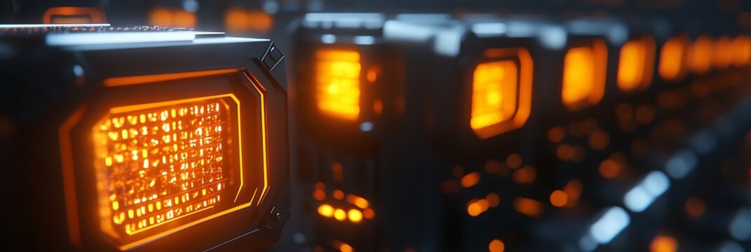 Futuristic Technology Background Abstract glowing orange digital data servers in a dark room