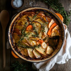 Potato casserole with carrots and thyme on wooden background. Top view