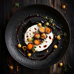 Charred roasted carrots and spiced chickpeas, a swirl of cream cheese on a black, textured plate. The balsamic vinaigrette drips. caramelized carrots and creamy cheese. The dark wooden backdrop.