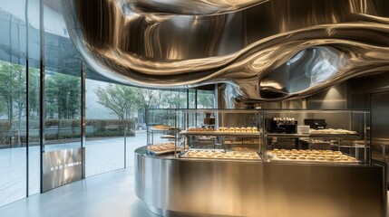 Modern cafe interior with metallic design
