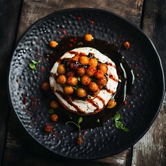Charred roasted carrots and spiced chickpeas, a swirl of cream cheese on a black, textured plate. The balsamic vinaigrette drips. caramelized carrots and creamy cheese. The dark wooden backdrop.