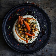 Charred roasted carrots and spiced chickpeas, a swirl of cream cheese on a black, textured plate. The balsamic vinaigrette drips. caramelized carrots and creamy cheese. The dark wooden backdrop.