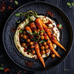 Charred roasted carrots and spiced chickpeas, a swirl of cream cheese on a black, textured plate. The balsamic vinaigrette drips. caramelized carrots and creamy cheese. The dark wooden backdrop.