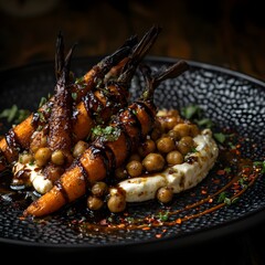 Charred roasted carrots and spiced chickpeas, a swirl of cream cheese on a black, textured plate. The balsamic vinaigrette drips. caramelized carrots and creamy cheese. The dark wooden backdrop.
