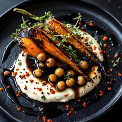 Charred roasted carrots and spiced chickpeas, a swirl of cream cheese on a black, textured plate. The balsamic vinaigrette drips. caramelized carrots and creamy cheese. The dark wooden backdrop.