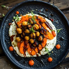 Charred roasted carrots and spiced chickpeas, a swirl of cream cheese on a black, textured plate. The balsamic vinaigrette drips. caramelized carrots and creamy cheese. The dark wooden backdrop.