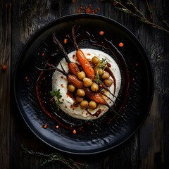 Charred roasted carrots and spiced chickpeas, a swirl of cream cheese on a black, textured plate. The balsamic vinaigrette drips. caramelized carrots and creamy cheese. The dark wooden backdrop.